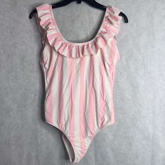 Sugar Coast Pink White Striped Ruffle Neckline Low Back One Piece Swimsuit Sz MD - Picture 9 of 9